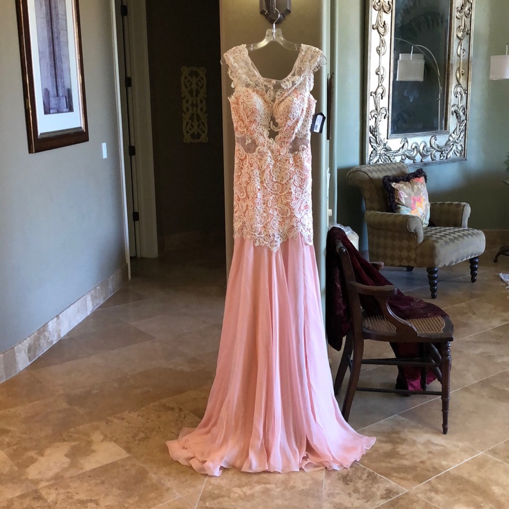 Gorgeous illusion lace crystals blush pink prom formal long gown dress